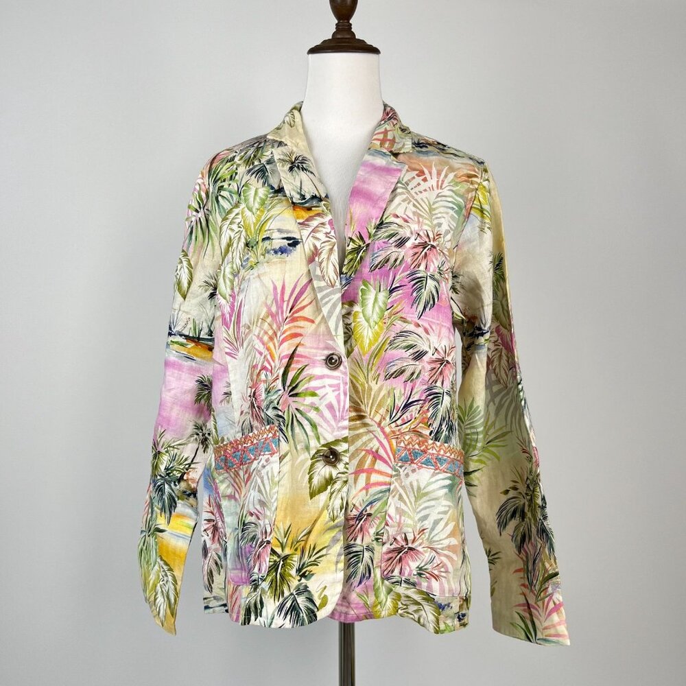 Johnny Was Linen Tropical Palm Blazer Floral Embroidered Boho Jacket Size S - Picture 2 of 16